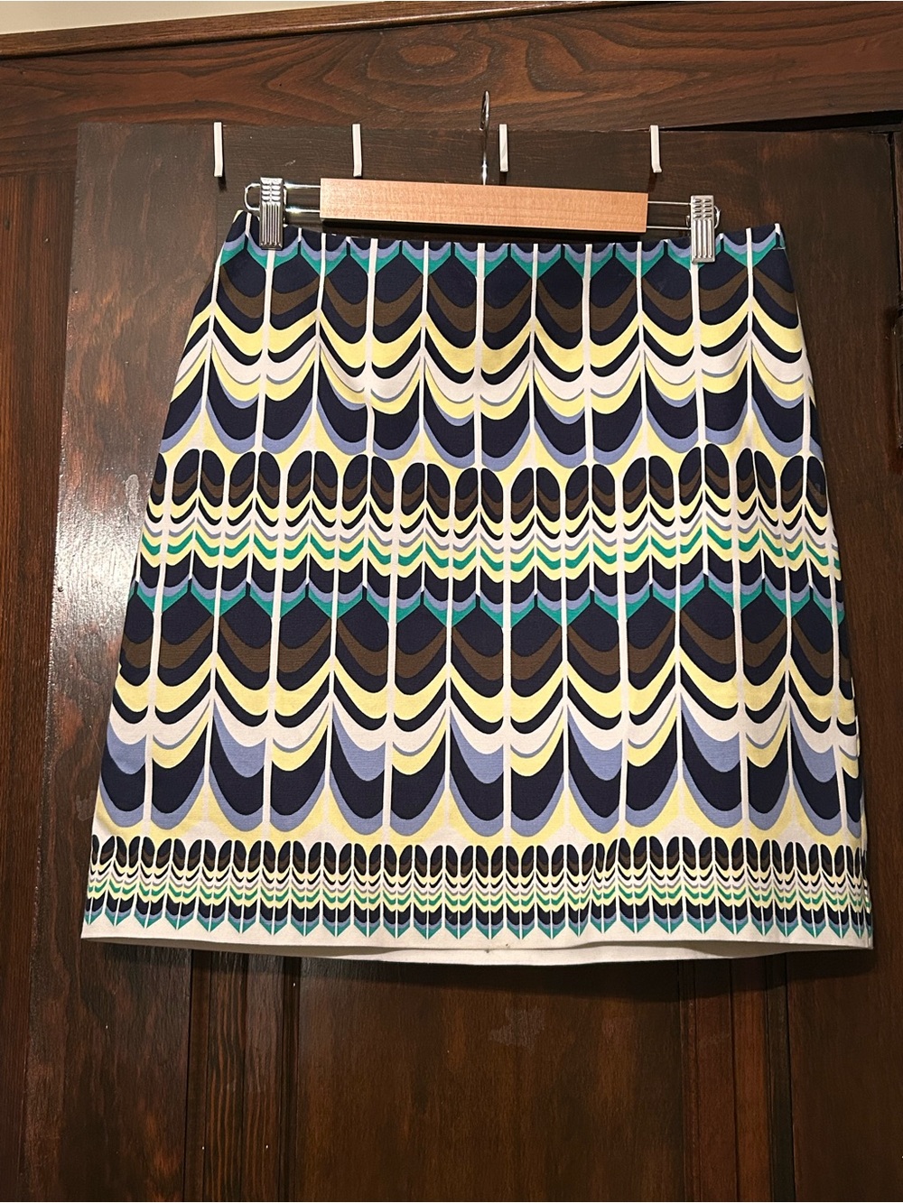 Talbots NET Mini Skirt in Navy, Cream & Teal Geometric Print, size 8